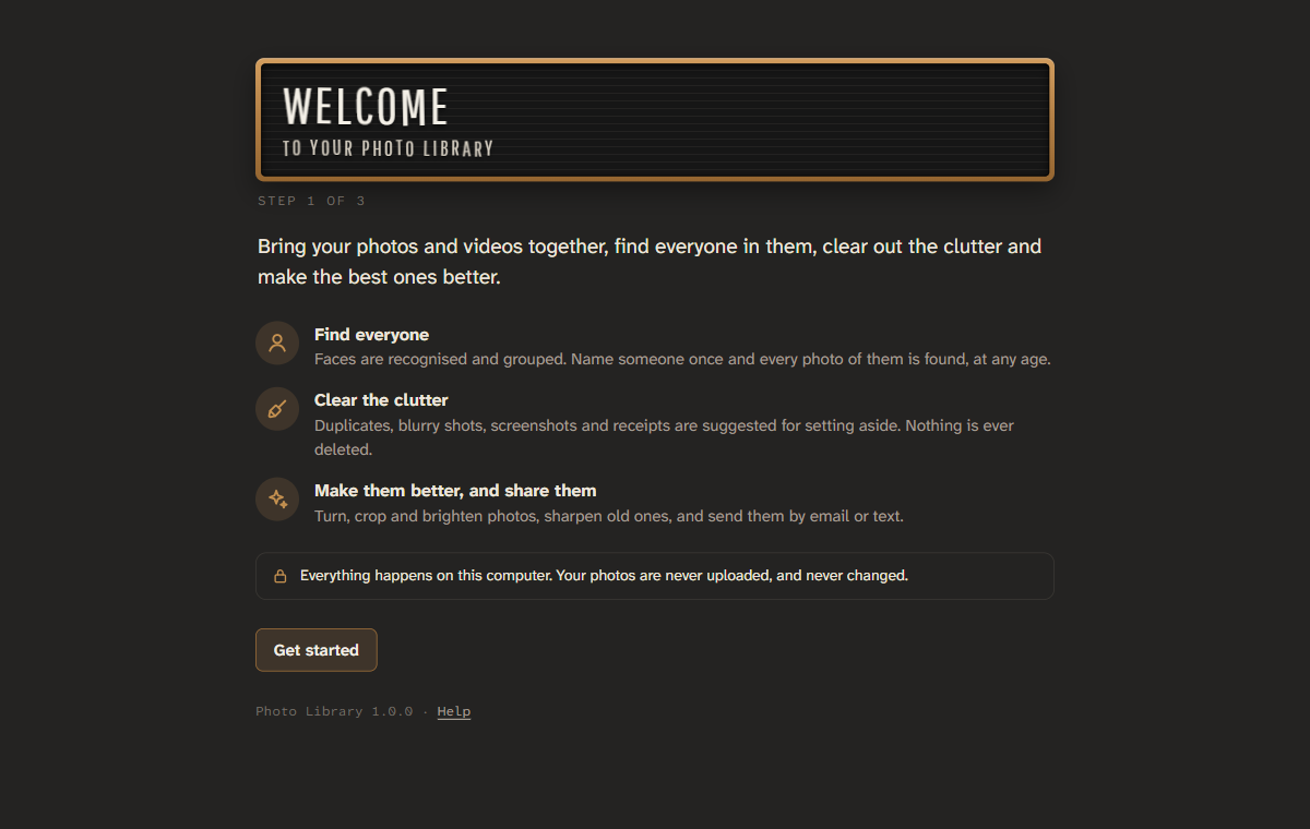 Photo Library's welcome screen: a letterboard sign saying Welcome to your photo library, three things it does, and a Get started button.
